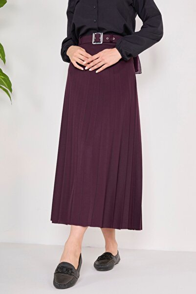 TOFİSA Plum Colored Straight Medium Women's Skirt - Belted, Model 23026