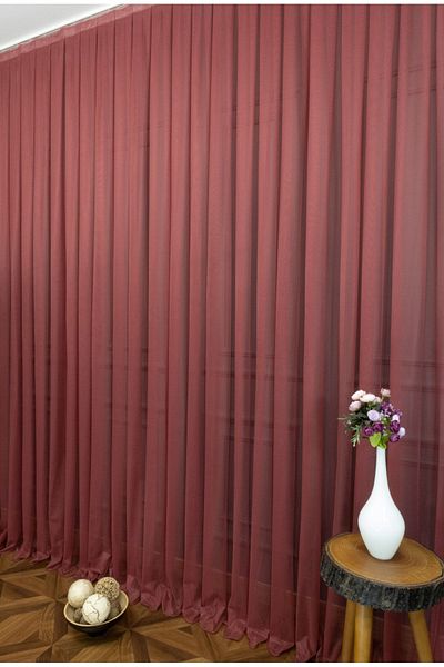 elision home Plain Tulle Curtain Grek Claret Red, 600x250, Tight Pleat, 1/3