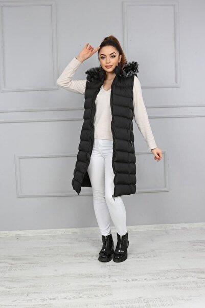 S&V TEKSTİL Kadın Siyah Şişme Uzun Yelek Mont