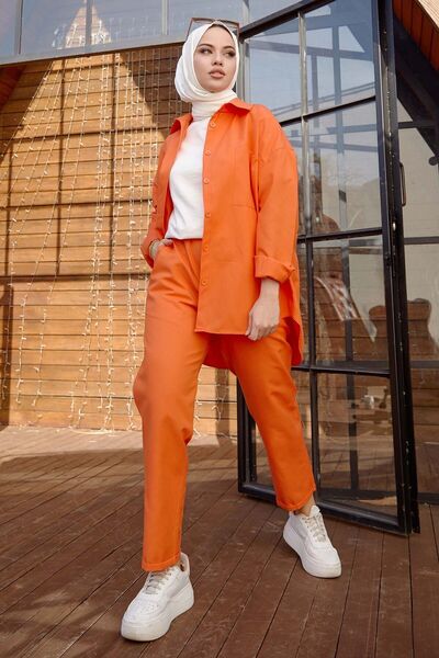 TOFİSA Women's Orange Tunic and Trousers Set - Plain Shirt Collar - 10563