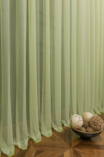 elision home Pistachio Green Grek Tulle Curtain - 350x250cm, Sparse Pleat, 1/2