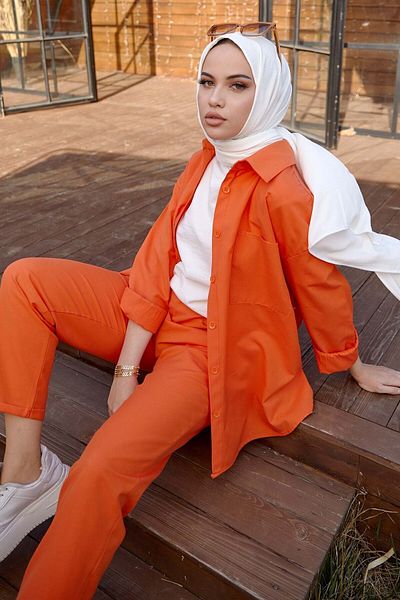 TOFİSA Women's Orange Tunic and Trousers Set - Plain Shirt Collar - 10563