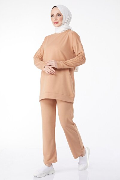 TOFİSA Σετ γυναικεία αθλητική φόρμα Tan - Plain Crew Neck - 13010