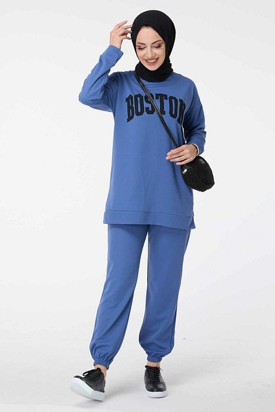TOFİSA Blue Tunic Trousers for Women - Crew Neck, Straight Cut - 13044