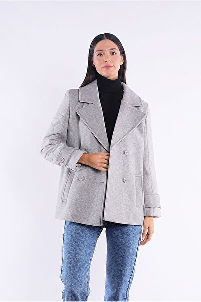 Yake Kolu Kapitone Garnili Kruvaze Gri Kısa Kaşe Kaban