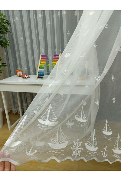 elision home Sailboat Anchor Patterned Children's Room Tulle Curtain, 350x270, Sparse Pleat, 1/2