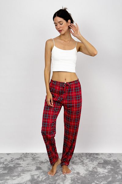 Betimoda Women's Cotton Plaid Patterned Pajama Bottoms Sweatpants Red Blue with Ribbon