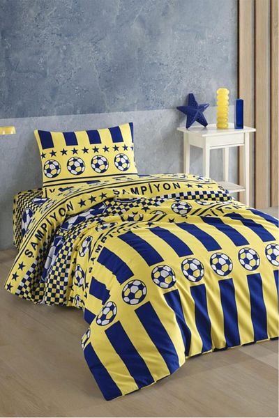 Çeyiz Diyarı Σετ παπλωματοθήκη μονό κίτρινο Navy Blue - Μοτίβο βεντάλια