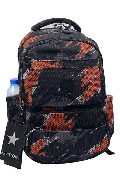 Bevitton Satin Waterproof Fabric Unisex Black Orange Patterned School Backpack 20257