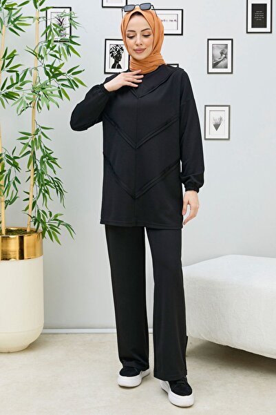 TOFİSA Schwarze Tunikahose für Damen, Größe M, gerader Schnitt, 11055