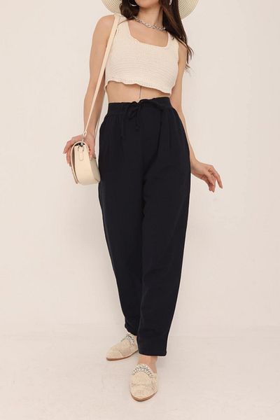 Suzi butik Pantaloni negri cu textura din in, cu talie elastică - 50826
