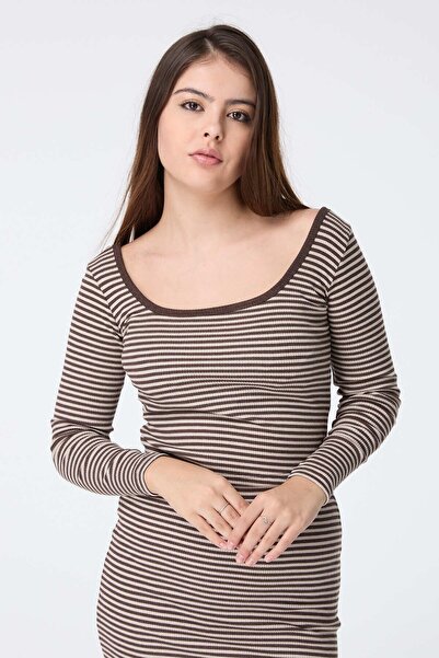 TOFİSA Σετ γυναικεία καφέ μπλούζα και φούστα - Απλό Crew Neck - 23463