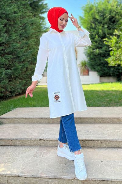 TOFİSA Ecru Women's Tunic - Plain Shirt Collar - 11466