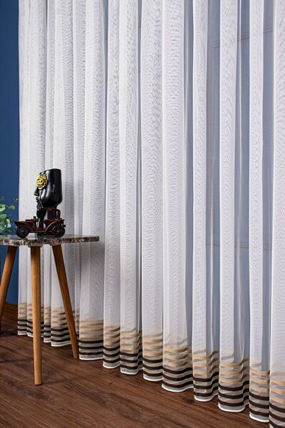 elision home Grek Floor Skirt End Mink Striped Tulle Curtain, 300x250cm, 1/2 Sparse Pleat, Elıon02101