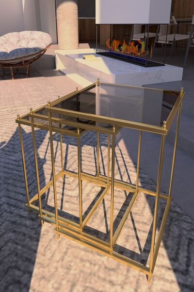 MetaQuartz Aksesuar Gold Minimalist Zigon Sehpa Takımı , Modern Dekoratif Metal Sehpa Takımı Temper Camlı