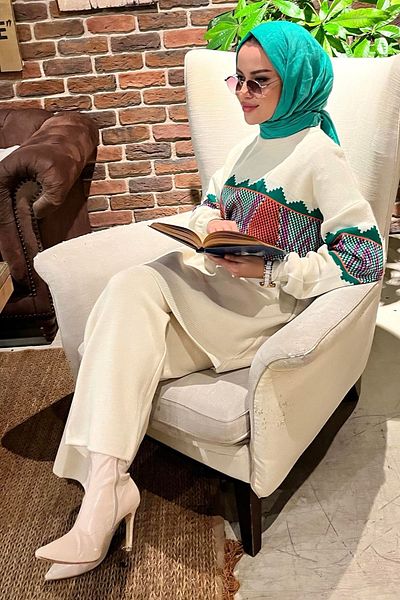TOFİSA طقم تونيك وبنطلون نسائي من إكرو - سادة متوسطة - 21801