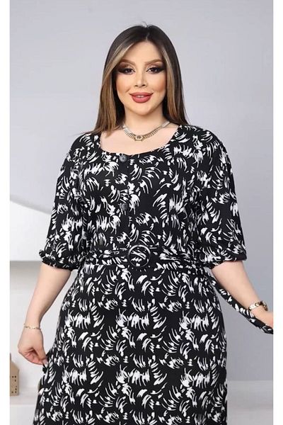 HÜLYA BUTİK WOMEN'S BLACK PATTERNED WAIST LACED SQUARE COLLAR DRESS