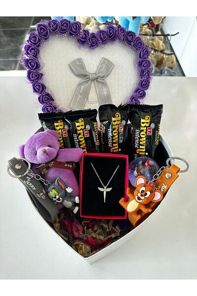 PİNK SHAKE Hediye kutusu mor güllerle kar küresi mor ayıcık