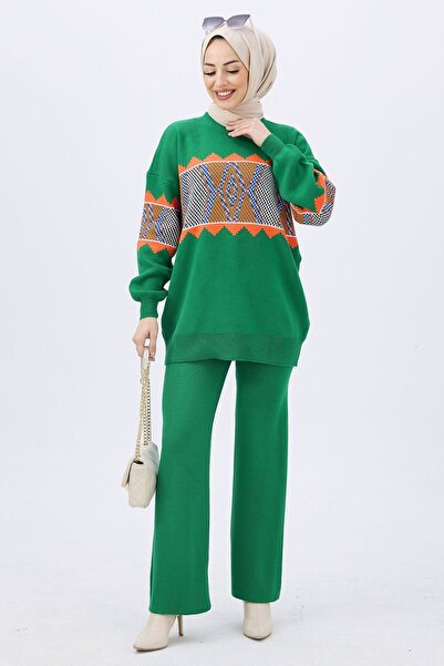 TOFİSA Zelená pletená tunika a kalhoty – obyčejné střední ženy – 21801