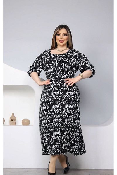 HÜLYA BUTİK WOMEN'S BLACK PATTERNED WAIST LACED SQUARE COLLAR DRESS