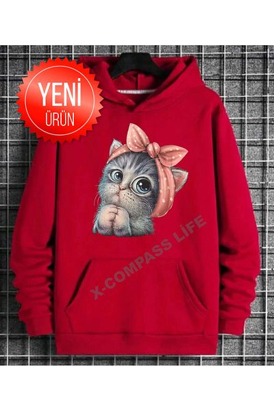 x-compass life Women/Girls Oversize Hooded Sweatshirt - Cat Printed Seasonal