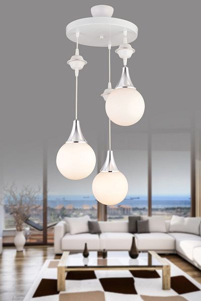 SONSUZ AYDINLATMA&AVİZE Pendant Lamp Tray White 3-Piece White Glop Top Glass Chrome Downward Facing Luxury Chandelier