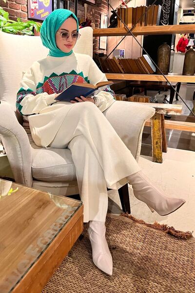 TOFİSA Ecru Women's Knitwear Tunic and Trousers Set - Plain Medium - 21801