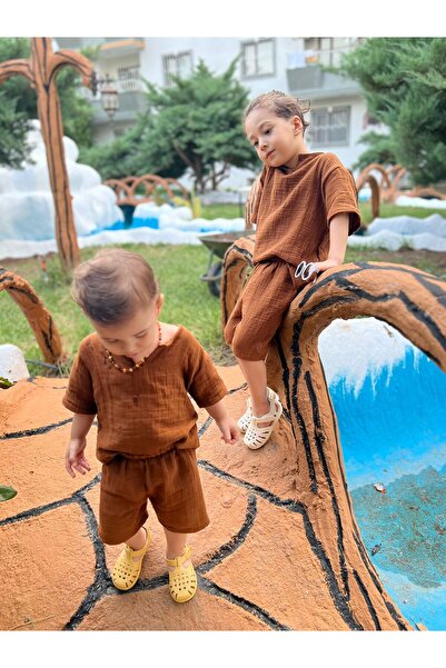 BAHNUR KAHVERENGi BEBEK ÇOCUK KIZ ERKEK UNiSEX MÜSLiN ALT ÜST TAKIM YAZLIK BOHEM
