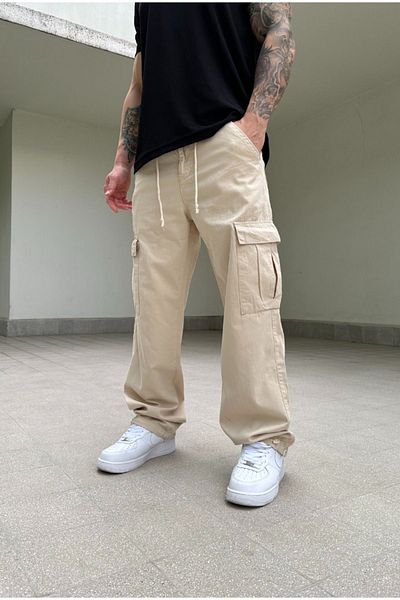 corfixman Baggy Beige Cargo Pocket Lace Detailed Trousers