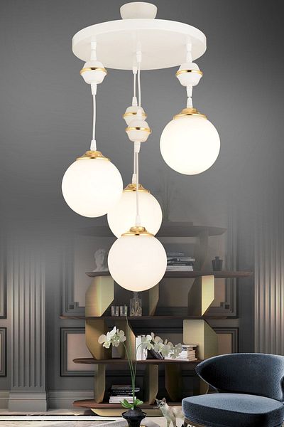 SONSUZ AYDINLATMA&AVİZE Pendant Lamp Tray White 4-Piece White Glop Top Glass Downward Facing Luxury Chandelier