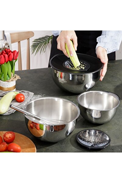 Evren 9 Parça Venüs Çift Rendeli Paslanmaz Çelik Karıştırma Kabı Seti (SİLVER)