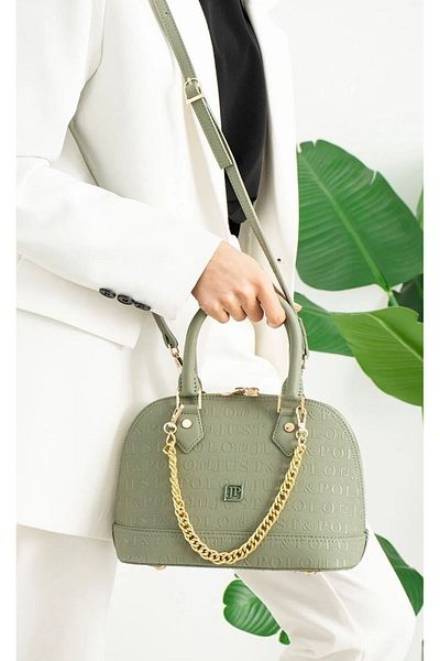 Just Polo Women's Khaki Monogram Patterned Magnetic Snap Closure Hand and Shoulder Bag MH4031MH