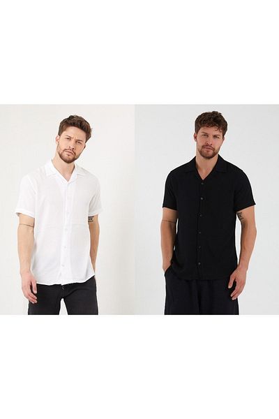 CLIPMAN Мъжка ленена риза с къс ръкав и яка Slim Fit, чифт от 2 дрехи