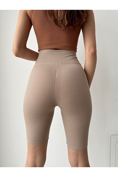 BEJNA Dámské béžové žebrované krátké sportovní legíny s vysokým pasem