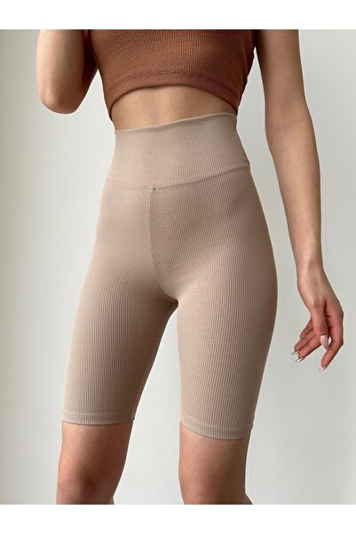 BEJNA Dámské béžové žebrované krátké sportovní legíny s vysokým pasem