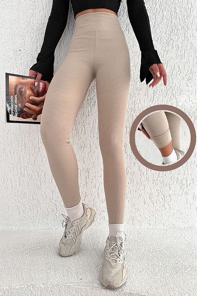 BEJNA Damen-Strumpfhose aus beigem, geripptem Fleece mit hoher Taille