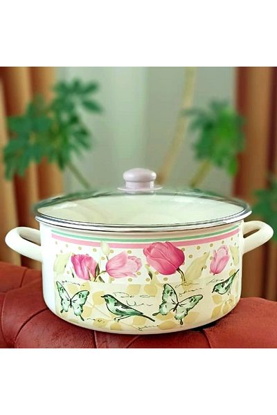 EBRULİEMAYE Tulip Enamel Vintage Pot Large Size 28 cm Diameter Milk Yogurt Spaghetti Pot