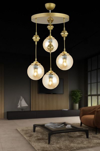 SONSUZ AYDINLATMA&AVİZE Pendant Lamp Tray Antique 4-Piece Honey Ball Glass Downward Facing Luxury Chandelier