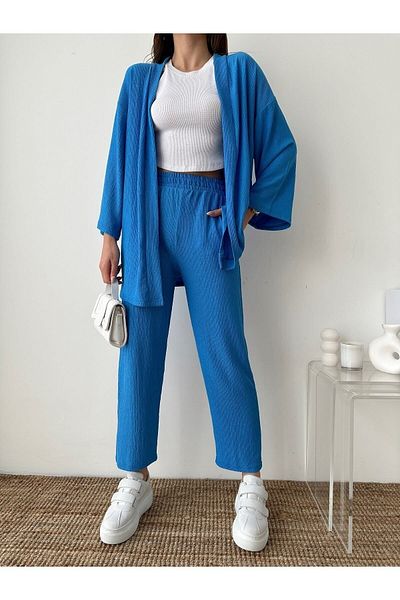BEJNA Blaues Kimono-Hosen-Strickset für Damen