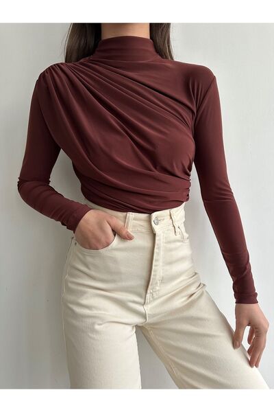 BEJNA Γυναικεία αμμώδης μπλούζα με λεπτομέρεια γιακά με κορδόνι σε καφέ χρώμα