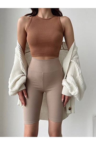 BEJNA Dámské béžové žebrované krátké sportovní legíny s vysokým pasem