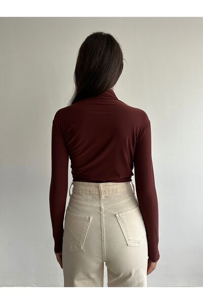 BEJNA Γυναικεία αμμώδης μπλούζα με λεπτομέρεια γιακά με κορδόνι σε καφέ χρώμα