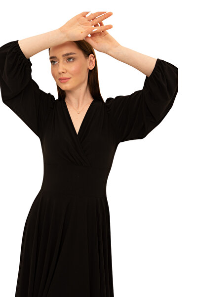 Laranor Siyah Balon Kol Kruvaze Yaka Kloş Elbise Gündüz&gece Şıklığı