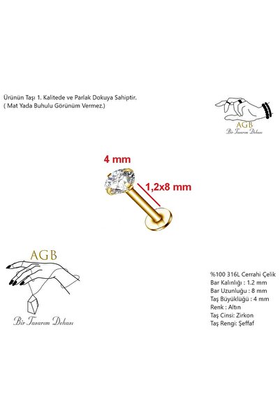 agbtasarım Zirkon Tektaş Altın Burun, Dudak Kıkırdak, Kulak Piercing "medusa", "labret"(%100 CERRAHİ ÇELİK)