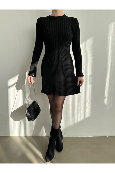 BEJNA Γυναικείο Μίνι Πλεκτό Φόρεμα μαύρο με ριμπ