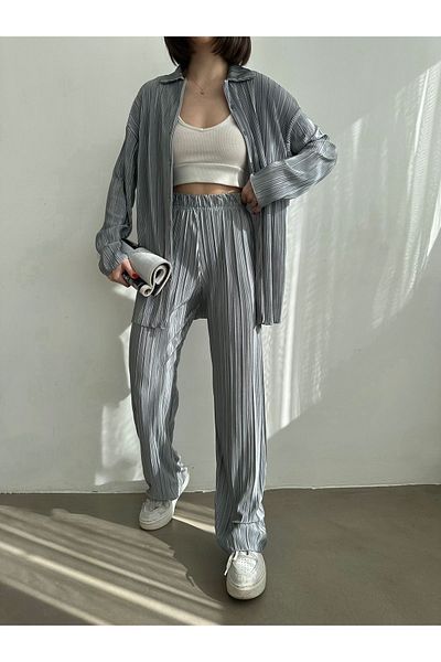 BEJNA Women's Gray Pleated Shirt Pants Bottom Top Set