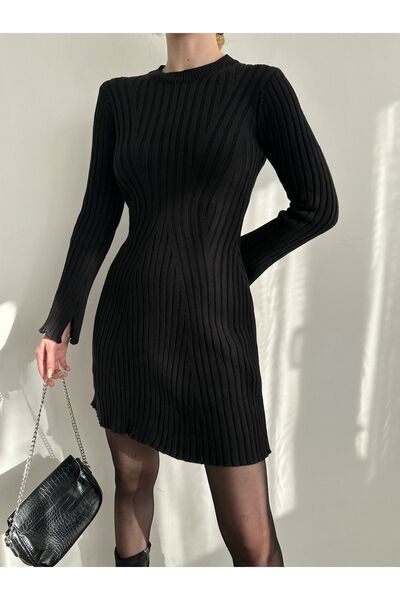 BEJNA Γυναικείο Μίνι Πλεκτό Φόρεμα μαύρο με ριμπ