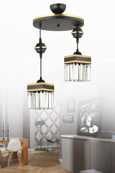 SONSUZ AYDINLATMA&AVİZE 2-Piece Black Pendant Lamp Tray with Crystal Stones and Yellow Strip Square Downward Facing Luxury Chandelier