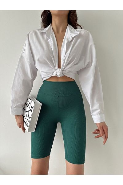 BEJNA Smaragdgrüne, gerippte, kurze Sport-Leggings mit hoher Taille für Damen