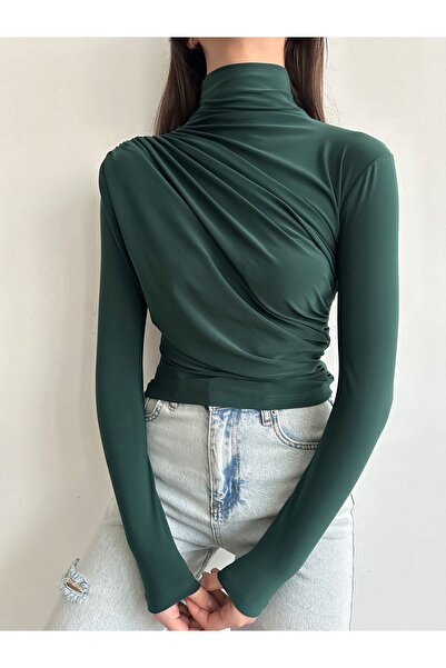 BEJNA Γυναικεία αμμώδης μπλούζα με σμαραγδένιο κορδόνι με λεπτομερή γιακά